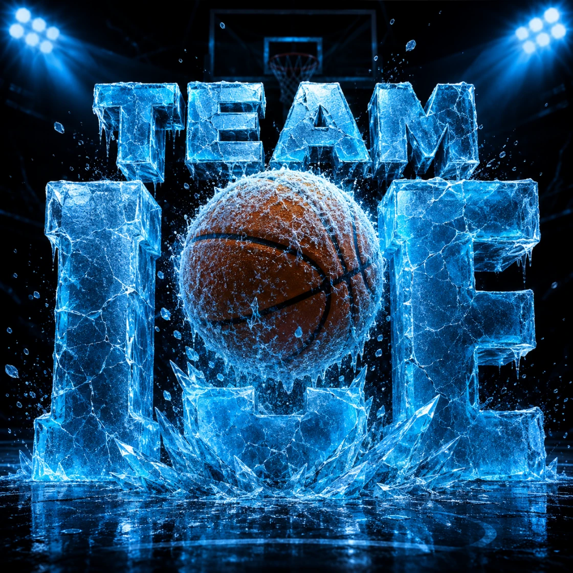 Team ICE — the words carved in ice around a frozen basketball, in a darkened arena.